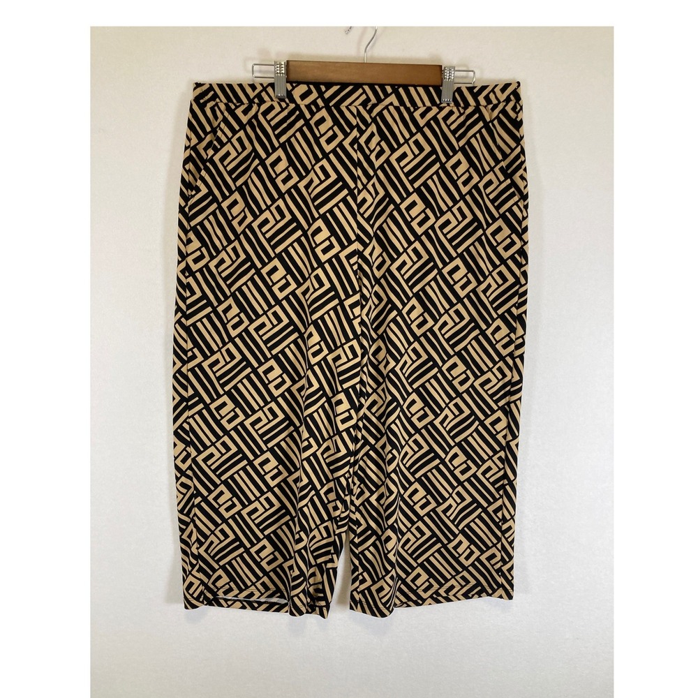 Geometric Mod Nina Leonard Womens 1X Tan Blk Maze Print Wide Leg Culottes Gaucho